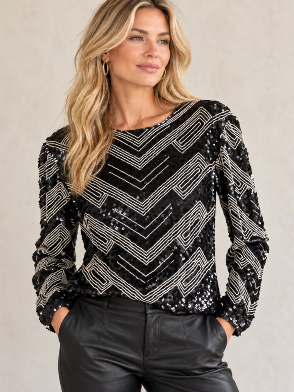 Vintage Crystal Silk Sequin Black White Sparkly Holiday Top M